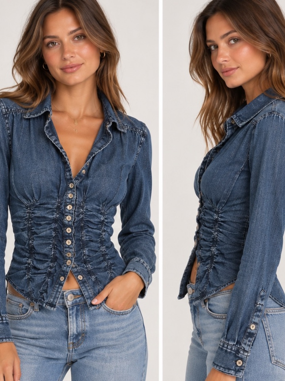 Anthropologie Pilcro Denim Ruched Button Shirt